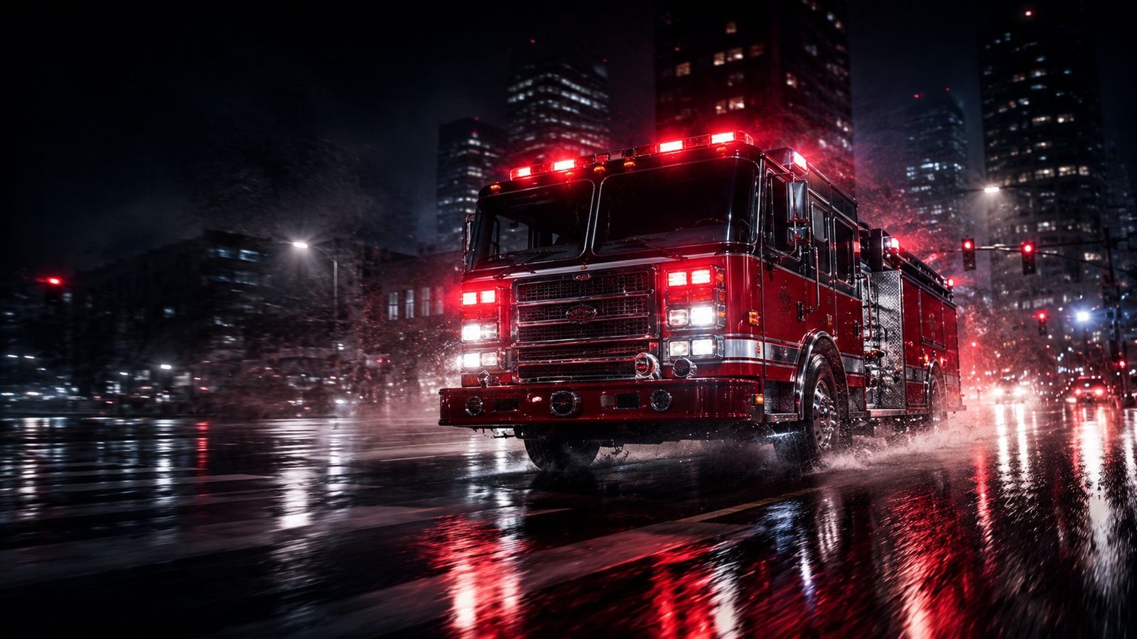 Fire engine responding through city streets at night